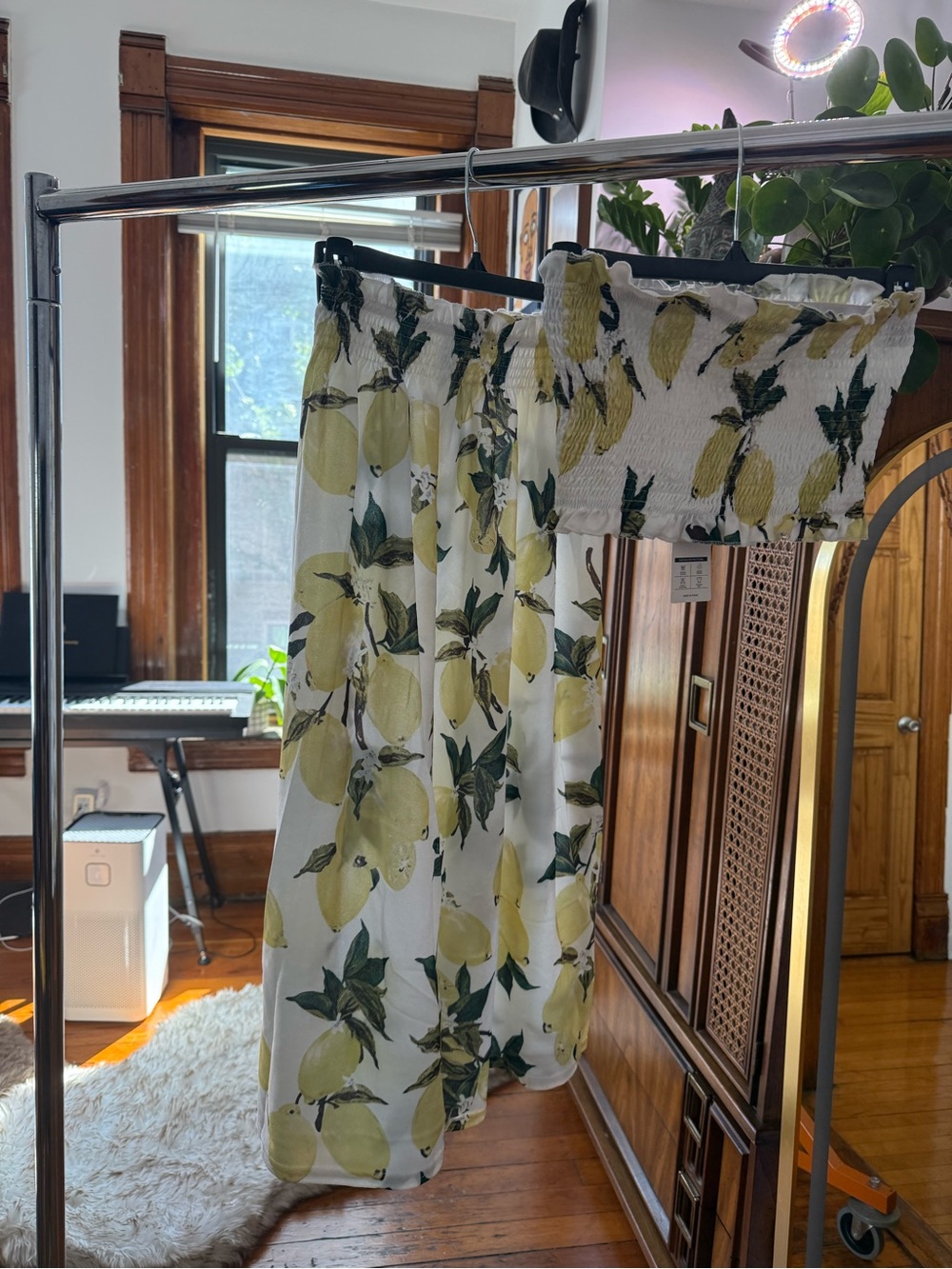 Yellow Lemon Print Smocked Midi Skirt